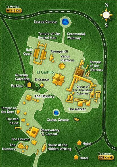 Map of Chichen Itza Archaeological Site including routes to Merida and Cancun, north and south orientation